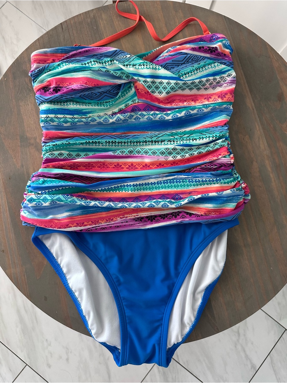 Women’s Multicolor Stripe Tank One-Piece Swimsuit with Bright Blue Bottom